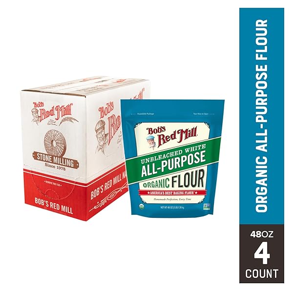 BOB’S RED MILL ORGANIC ALL PURPOSE UNBLEACHED FLOUR, 3 POUND (PACK OF 4) – NON-GMO, VEGAN, UNBROMATED, UNENRICHED