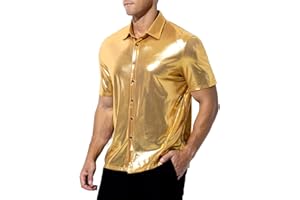 Arjen Kroos Mens 70s Disco Shirt Sequins Party Costume Short Sleeve Metallic Rave Button Down Shirts