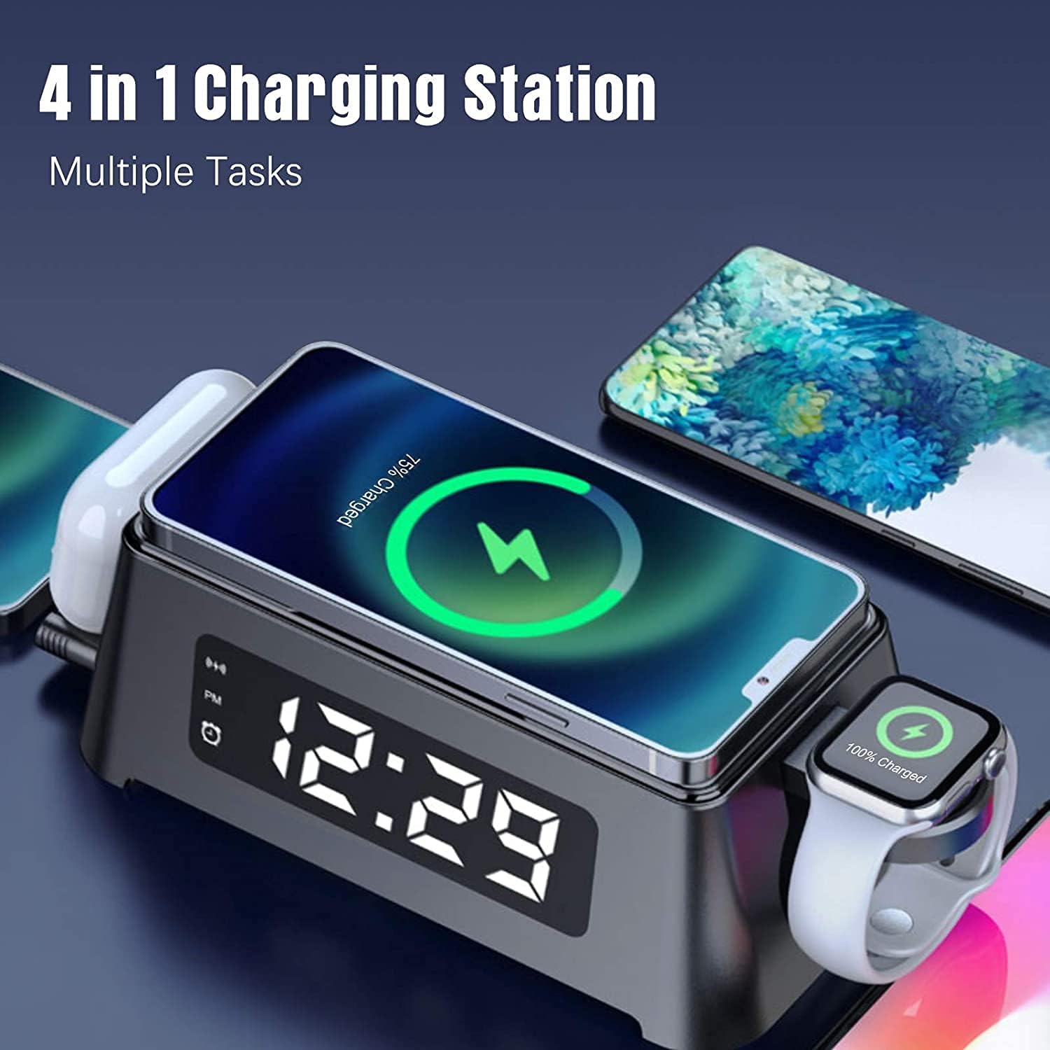LED Digital Clock 2021 New Version Fast Wireless Charging Station for Multiple Devices,3 in 1 Wireless Charger Compatible with iPhone,Apple Watch & AirPods (Apple Watch Charging Cable not Included)