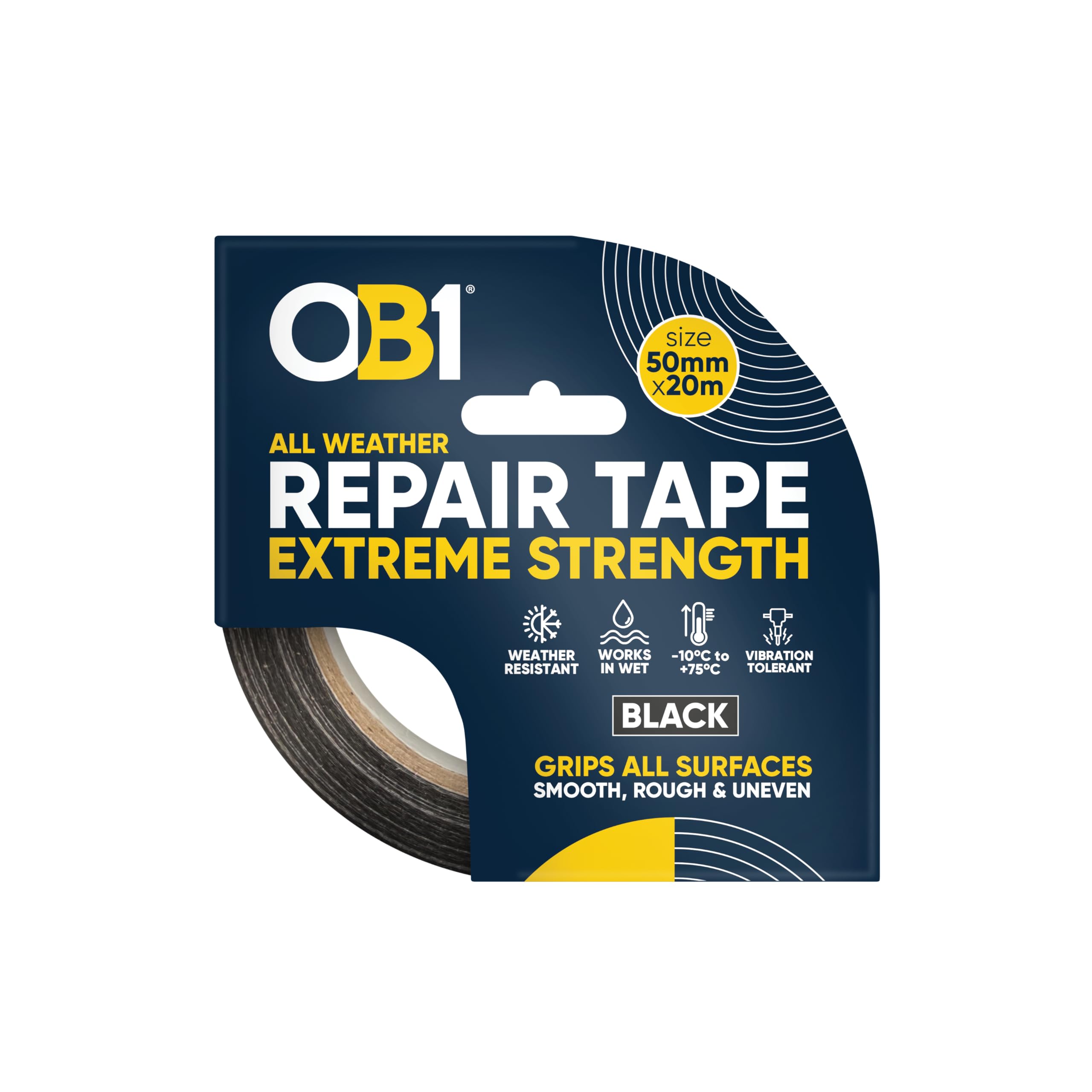OB1 Black All Weather Repair Tape Extreme Strength - Ultra Strong Waterproof Duct Tape - Maximum Bond Strength - Heat, Water & UV Resistant - Indoor & Outdoor Use - 50mm x 20m Roll
