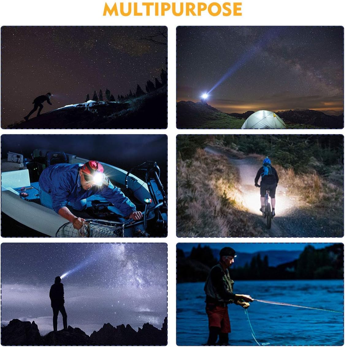 Rechargeable Headlamp, OUTERDO 12000 Lumens 6 LED 8 Modes USB Rechargeable HeadLight with 2 Batteries, Waterproof LED Head Torch Rechargeable Headlamp Flashlight for Camping, Fishing, Cellar, Outdoors - - 