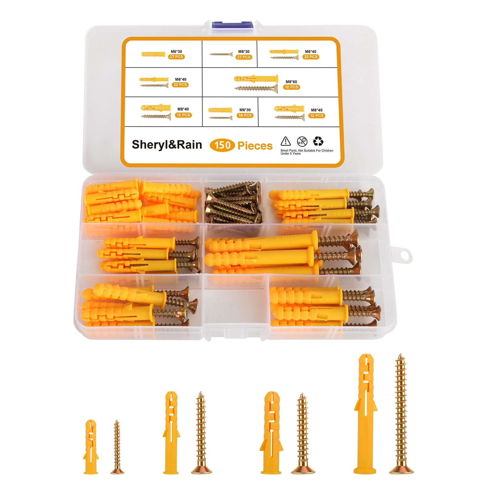 150 Pcs Screws and Wall Plugs Set (75 Masonry Screws, 75 Expansion Pipe Anchor Bolts), M6/M8 4 Assorted Size Wall Plugs and Screw, Rawl Plug for Brick, Rawplugs for Concrete Fixing Drywall