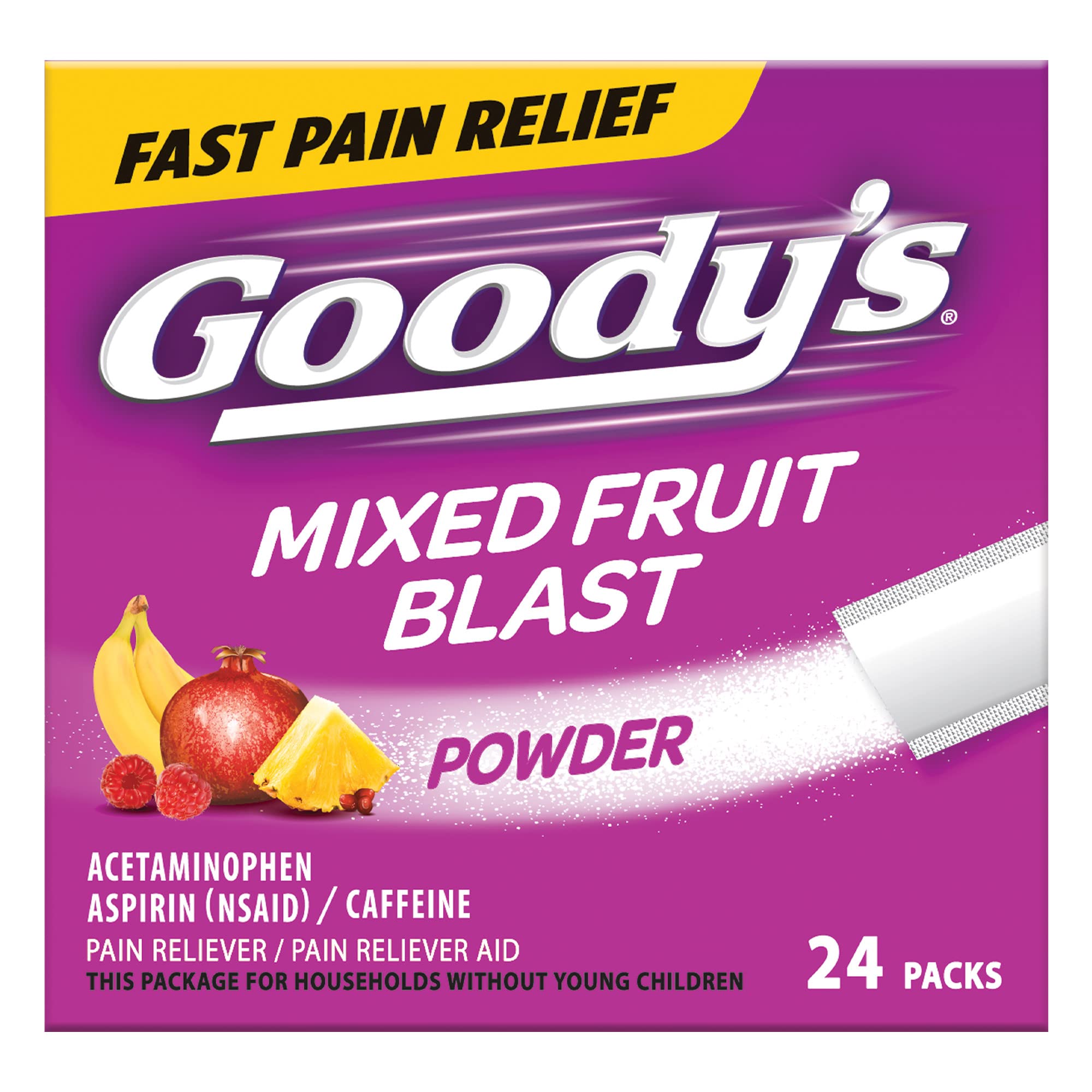 Goody's Pain Relief Powders, Extra Strength Headache Powder Mixed Fruit Blast, 24 ct (Pack of 1)