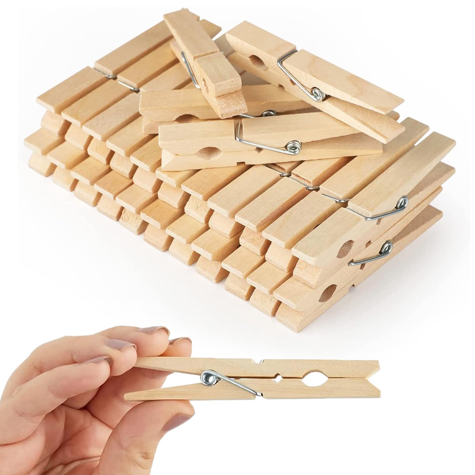 60 Wooden Clothes Pegs for Washing Line | Laundry Pegs with Metal Coil Spring for Small Laundry Items | Wooden Pegs for Washing Line, DIY Projects & Woodcrafts | UK Traditional Laundry Pegs