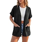 GRECERELLE Women's Summer Short Sleeve Lightweight Kimonos Cardigan with Pockets Open Front Beach Cover Ups