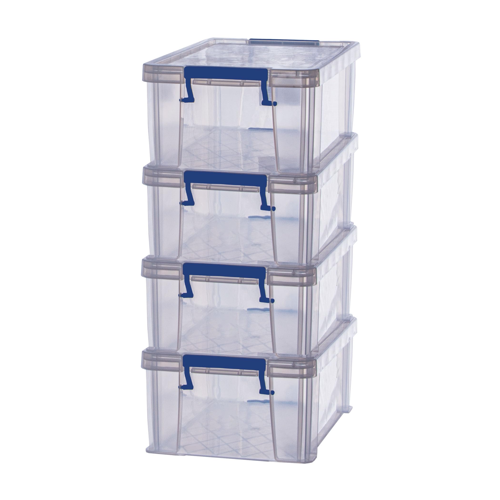 BANKERS BOX 4x 10L Plastic Storage Boxes with Lids. ProStore Super Strong Stackable Plastic Storage Boxes (14 x 34 x 21.5cm), Made in the UK, Clear