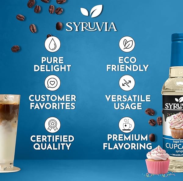 SYRUVIA SUGAR FREE COFFEE SYRUP, CUPCAKE FLAVORED SYRUP FOR DRINKS, LATTES, AND DESSERTS – 25.4 FL OZ