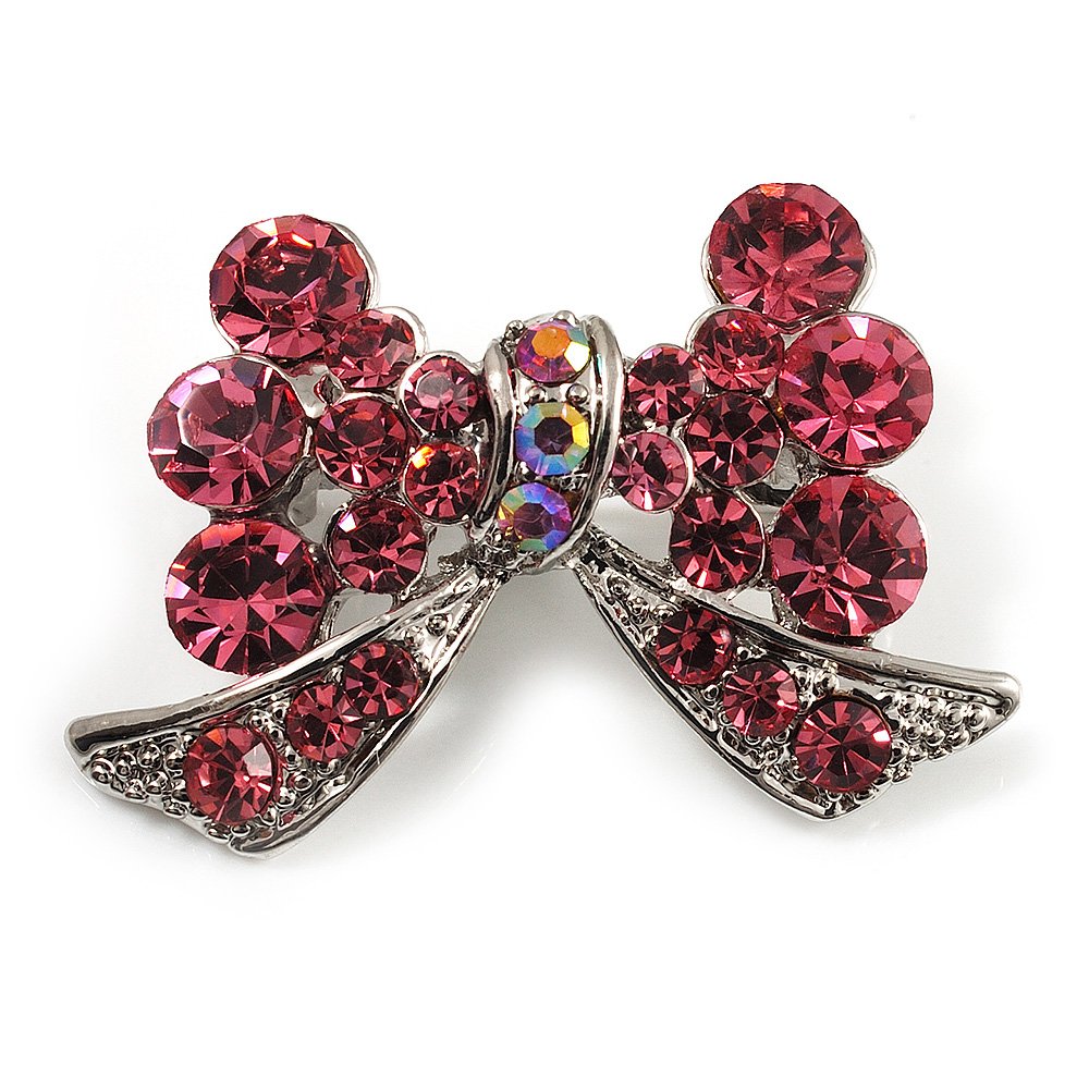 Small Pink Diamante Bow Brooch (Silver Tone)