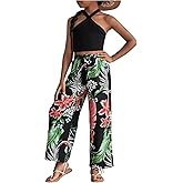 OYOANGLE Girl's 2 Piece Clothing Sets Outfits Sleeveless Halter Crop Top and Tropical Print Pants Sets