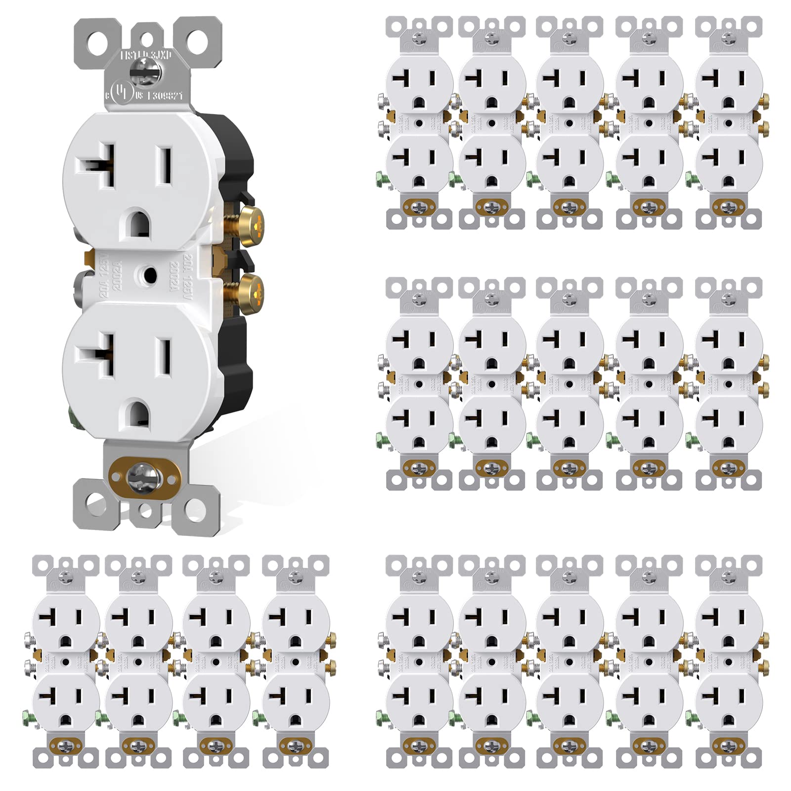 Photo 1 of AIDA 20 Amps Outlets Duplex Electrical Receptacle Outlets, Electrical Outlet, 20Amp 125V Heavy-Duty Wall Outlet, Residential, 3-Wire, Self-Grounding, UL Listed, Side Wire (20 Pack, White)