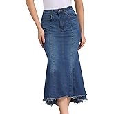 Allegra K Women's Washed Fishtail Denim Skirt High Waist Raw Hem Fashion Casual Midi Jean Skirts with Pockets