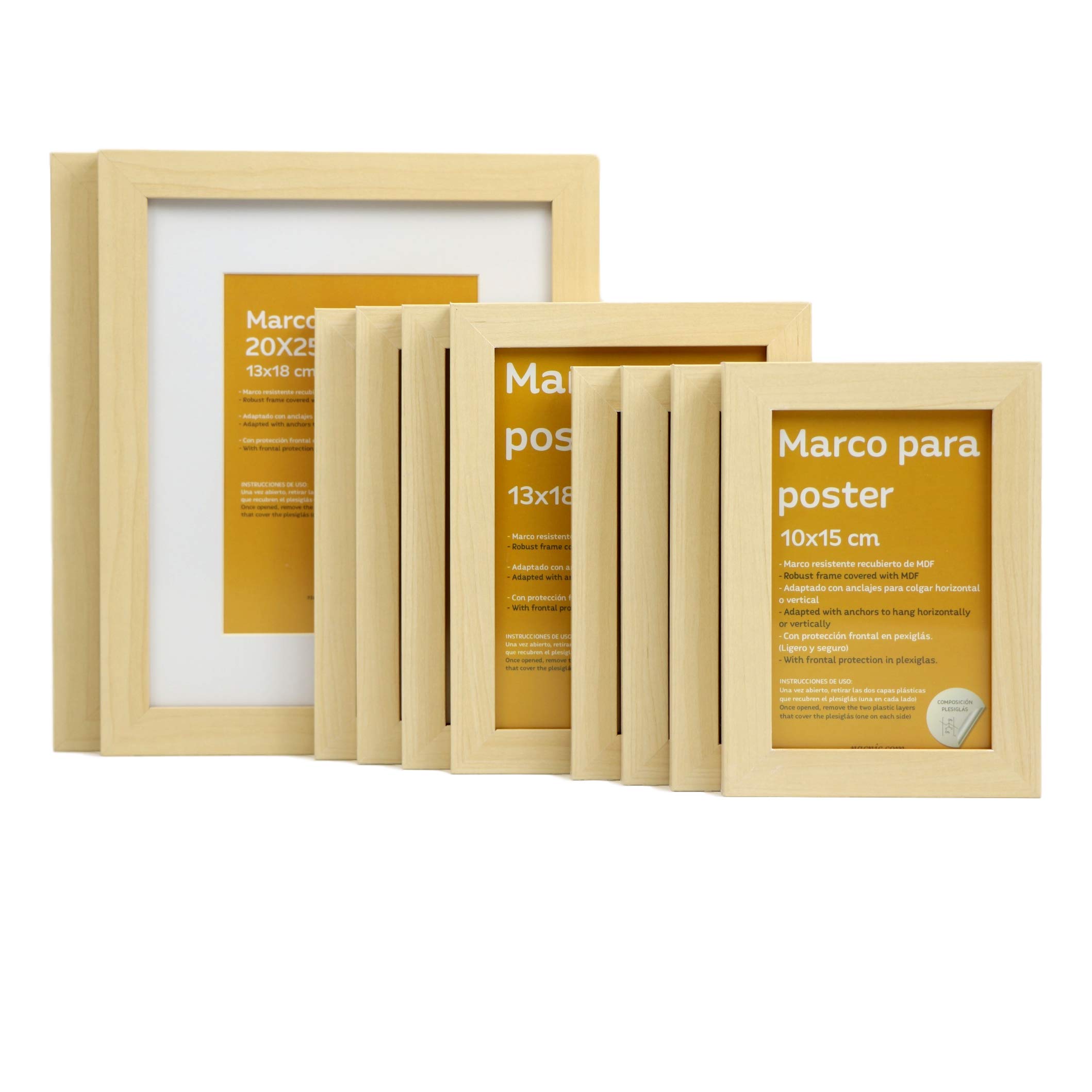 Nacnic Set of 10 Classic Wood photo frames to protect and display posters, pictures, diplomas... Frames in different sizes and colours. 2 frames 20x25, 4 frames 13x18 and 4 frames 10x15