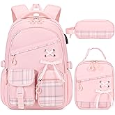DIGOBAY Backpacks for Girls 3PCS School Backpack Lunch Box Pencil Pouch | Bookbags for Teen Girls Kids, Elementary Primary Middle High School College Travel, Padded Strap, Water-Resistant, Pink Plaid