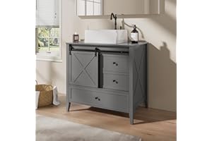 VNN Bathroom Vanity with Sink - 36 Inch Bathroom Vanity with Sink Ceramic, Freestanding Cabinet with Farmhouse Sliding Barn Door and 3 Drawers, Space-Saving Storage Cabinet, Grey