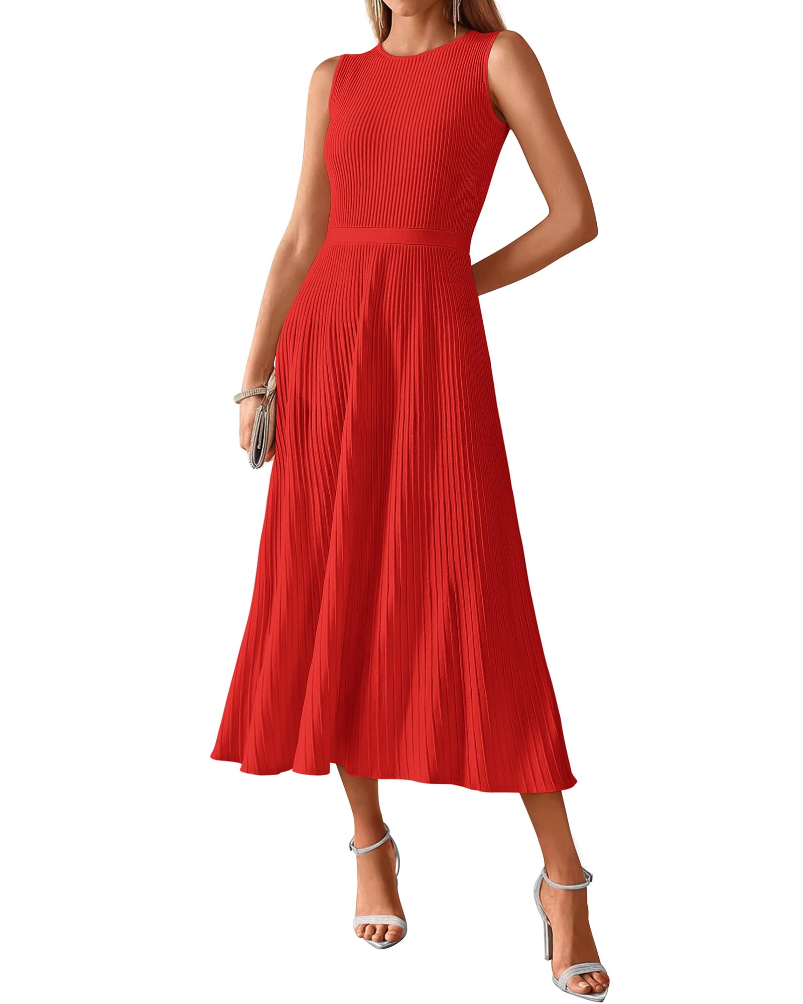 Photo 1 of BTFBM Women Midi Bodycon Tank Dress Summer Crewneck Sleeveless Pleated A Line Business Casual Knit Sweater Fall Dresses(Brick Red, Small)