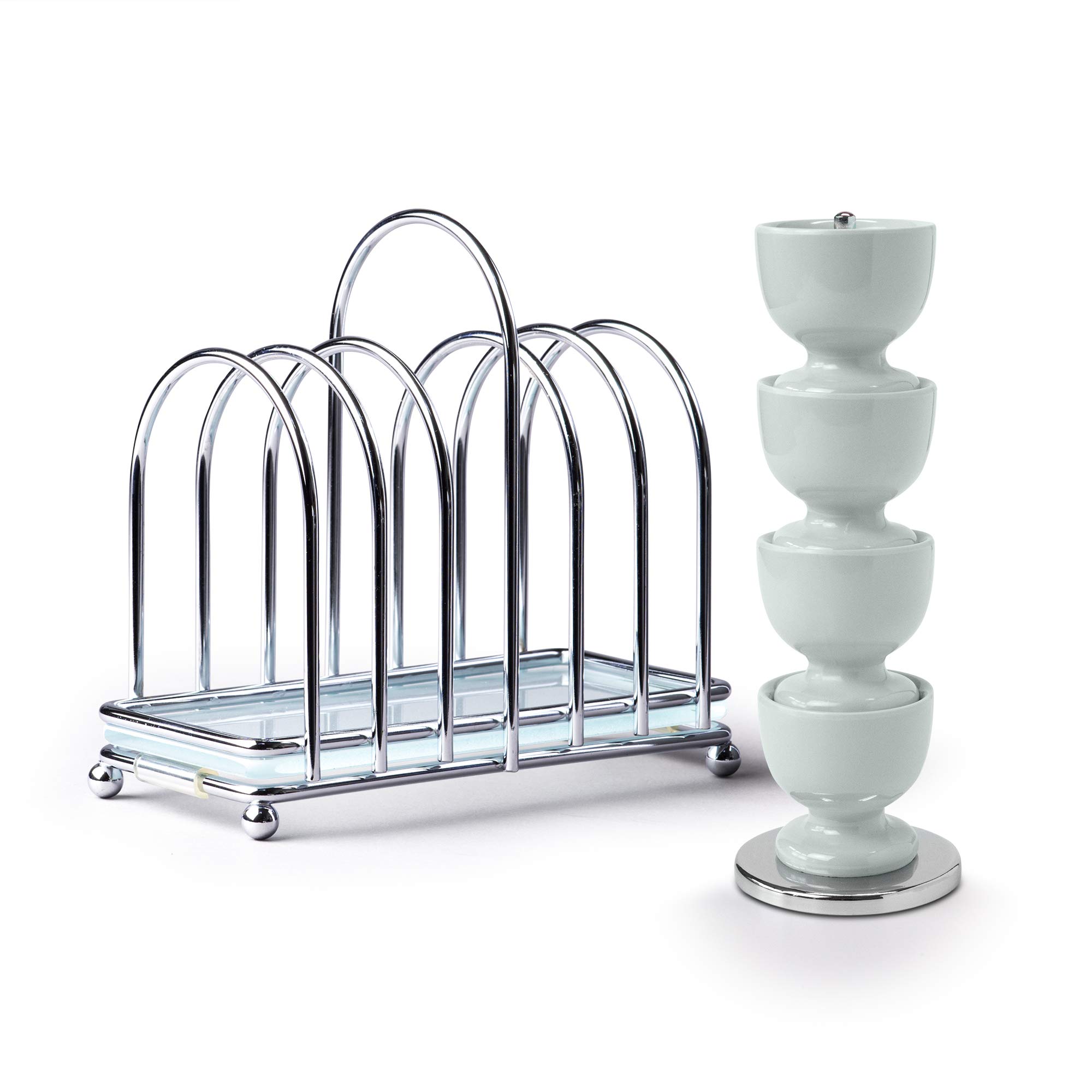 Zeal BASET9G Breakfast Set Set of 4 Melamine Stacking Egg Cups on Stand with Chrome and Glass 6 Piece Toast Rack, Sage Green