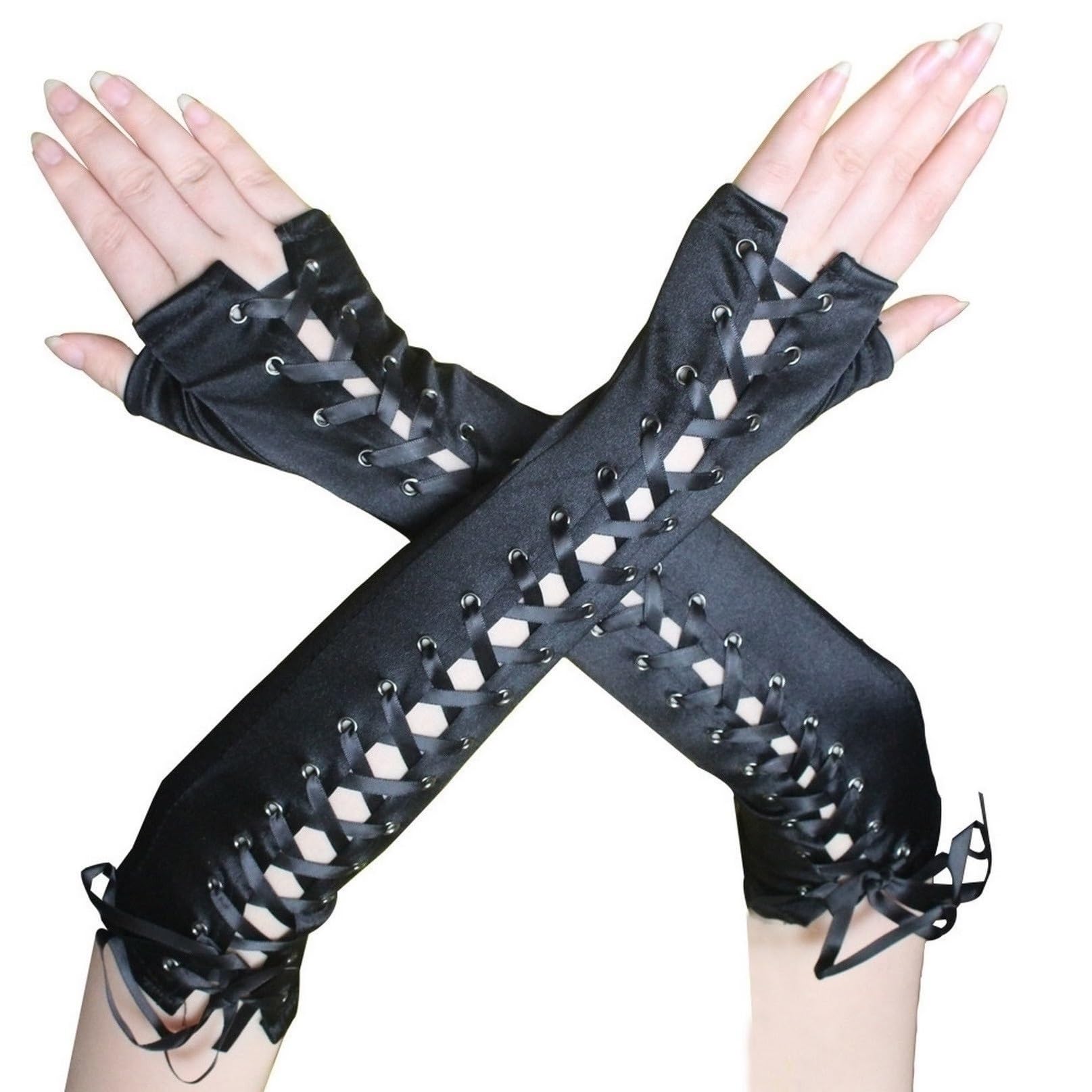 Womens Lace Up Fingerless Gloves,Long Satin Lace up Gloves,Steampunk Costume Arm Warmer for Halloween Goth Cosplay
