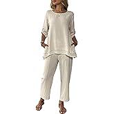 Women's Linen 2 Piece Outfits Rolled Sleeves Tops Wide Leg Trouser Pants Suits Summer Casual Dressy Linen Sets