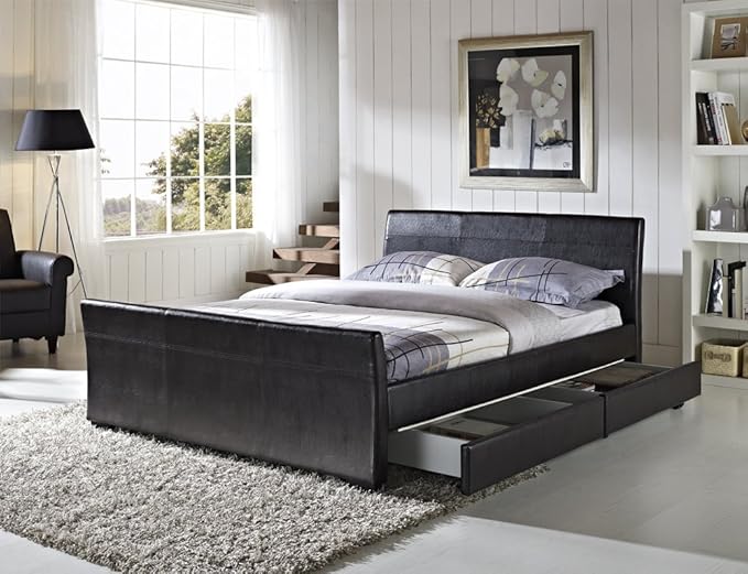 New Stunning Double King Size Faux Leather Sleigh Bed in Brown, Black