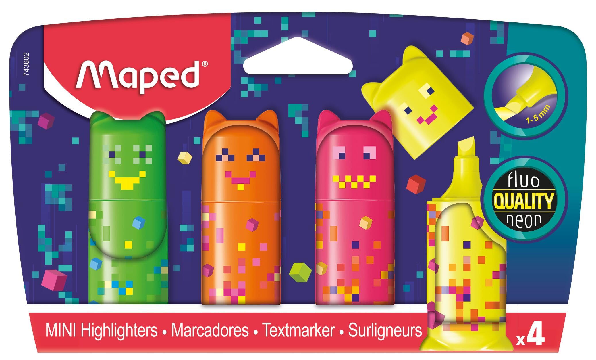 Maped – Mini Pixel Party Highlighters - Small Original Pocket Highlighters in the shape of characters - 5 colors: green, orange, pink, yellow and blue.