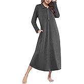 Ekouaer Nightgowns for Women Long Sleeve Sleepshirt Button Nightshirt Plaid Full Length Sleepwear with Pockets S-XXXL