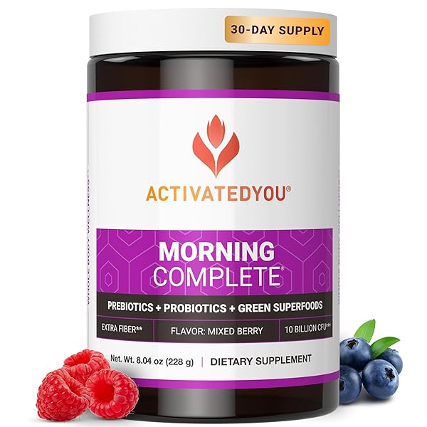 ACTIVATEDYOU MORNING COMPLETE DAILY WELLNESS GREENS SUPERFOOD DRINK MIX FOR GUT HEALTH W/PREBIOTICS, PROBIOTICS, ANTIOXIDANTS, GREEN SUPERFOODS, 10 BILLION CFUS, 30 SERVINGS (MIXED BERRY)