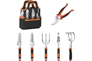 Garden Tools Set, JUMPHIGH 7 Piece Heavy Duty Gardening Tools Includes Hand Trowel Rake Weeder Pruner Shears, Aluminum Alloy Garden Kit with Garden Tote, Gardening Gifts for Men Women