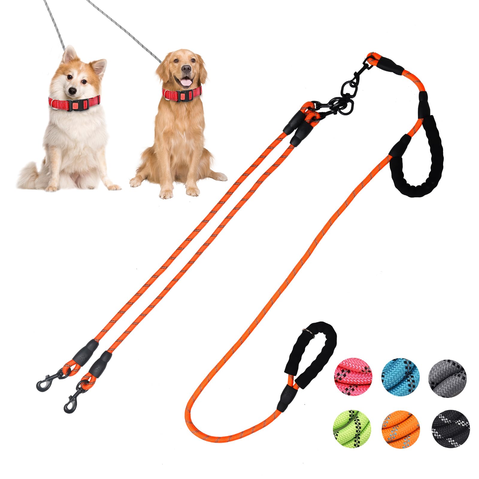 Photo 1 of Dual Leash - Exceptional 360 Anti-Tangle & No Pull Leash for Small & Medium Dogs - Double Handle & Reflective - Orange, 2 Way