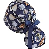 Scrub Caps Women Ponytail – Navy Seashell Double-Sided Printed Surgical Hat with Buttons and Sweatband, Soft Nurse Cap for Long Hair, Helps Reduce Static Buildup