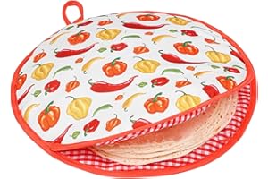 Tortilla Warmer Pouch, 11.8inch Pepper Printed Round Anti-Scald Taco Warmer Pouches, Hanging Tortilla Microwavable to Keeps F