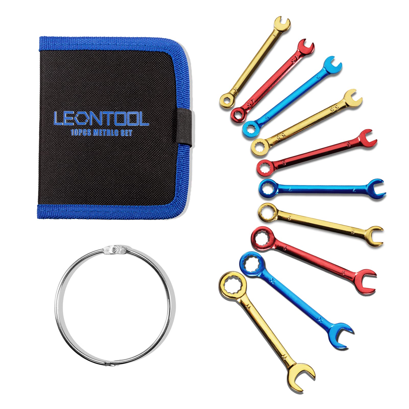 LEONTOOL Metric 10 PCS 4-11mm Mini Wrench Set - Color Plated Open & Box End Combination Wrenches with Key Ring & Ignition Wrench Set - Portable Storage Pouches