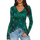 ZESICA Women's Long Sleeve Floral Shirts V Neck Going Out Ruffle Tops Blouses 2026 Fall Fashion Clothes Outfits