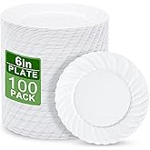 U-QE 100 Pieces White Plastic Plates - 6 Inch White Disposable Plates - Washable & Reusable - Premium Hard Dessert Plates - Party Supplies for Birthdays, Celebrations, Travel, Wedding,Party and Events