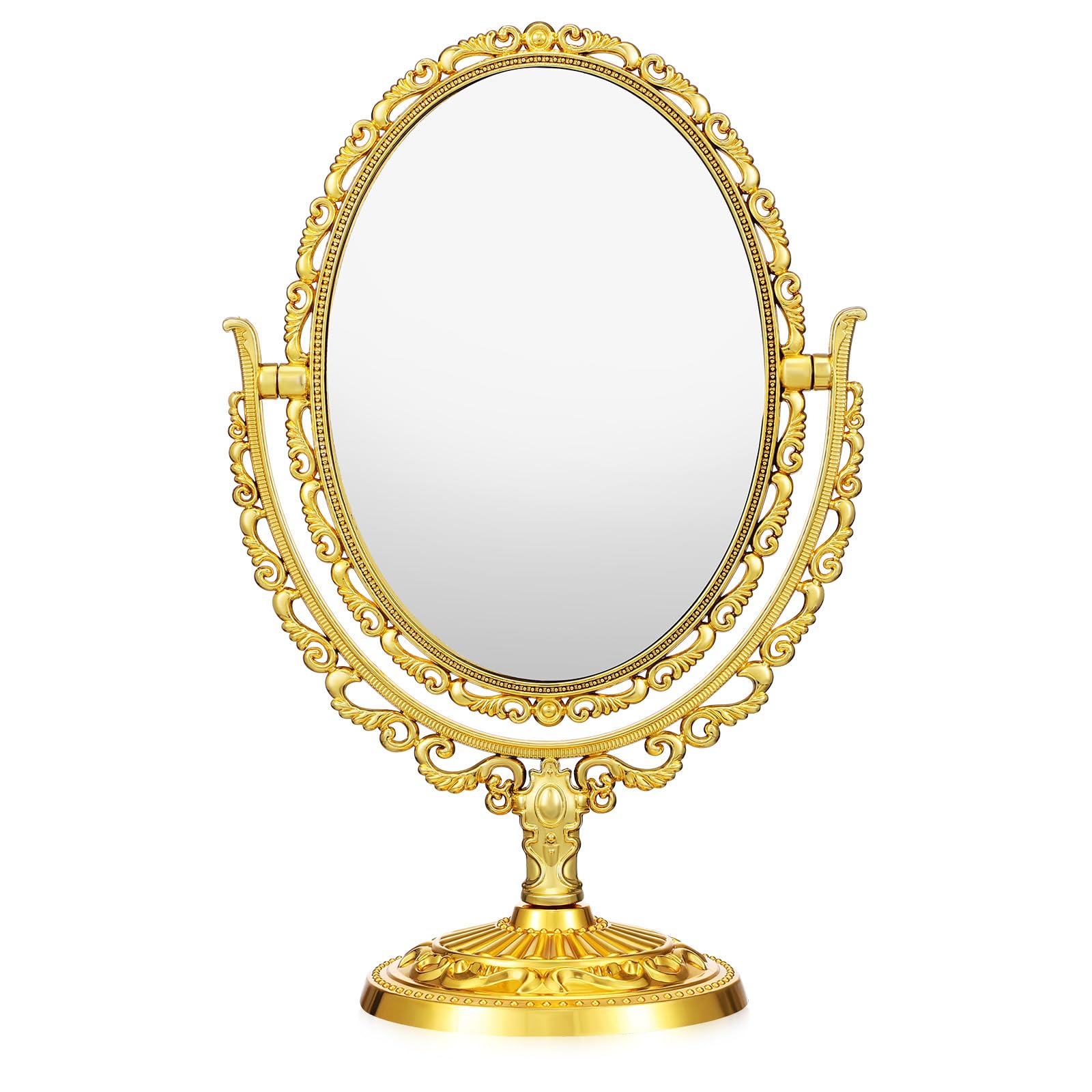 FOMIYES Vanity Desktop Mirror, Oval Shape Standing Makeup Mirror, Golden Vintage Tabletop Makeup, Double Sided Swivel for Dressing Table Bathroom Bedroom, High Definition(Gold)