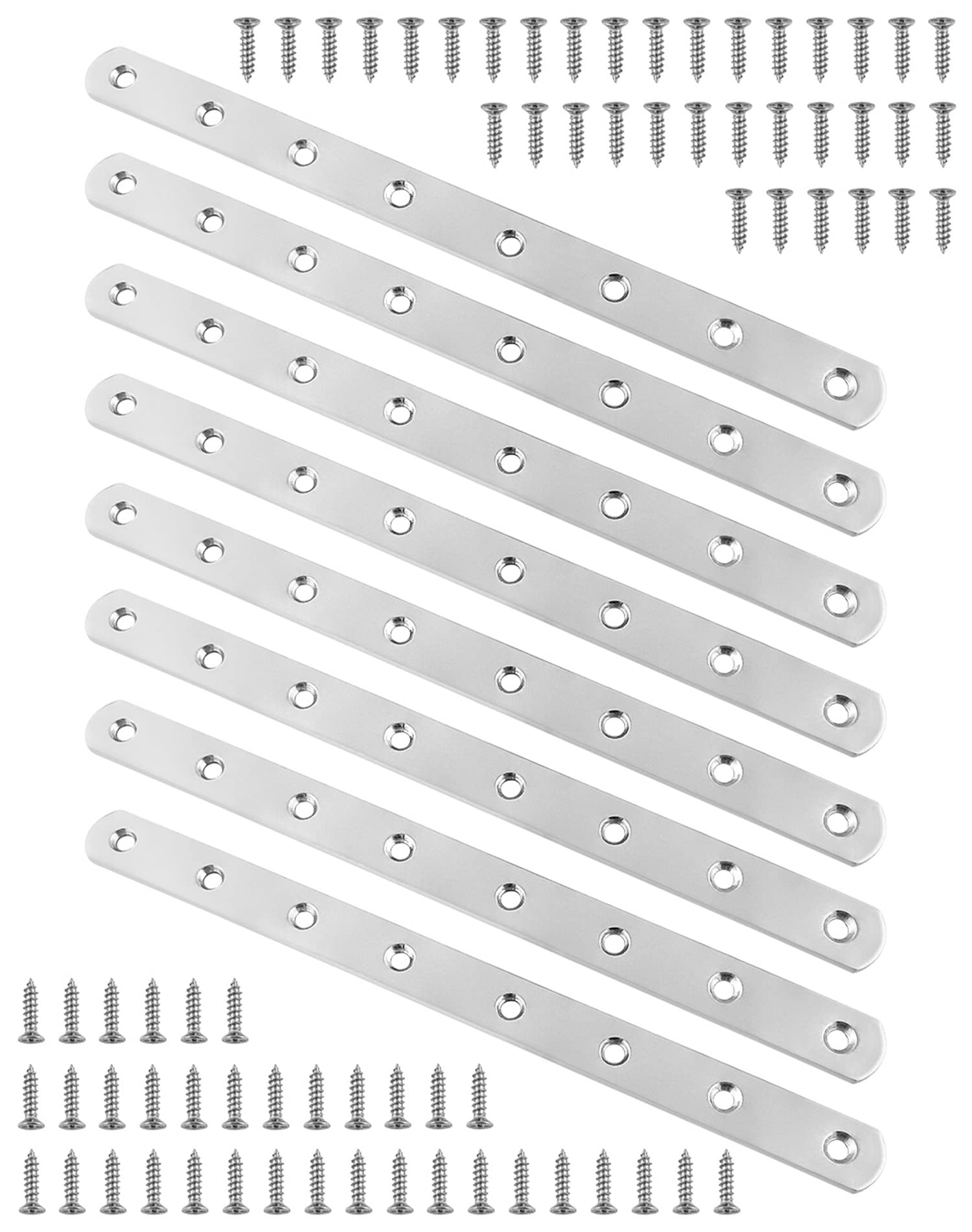 QWORK® 8 PCS 245 mm x 19 mm Stainless Steel Flat Braces Straight Corner Brackets with 64 PCS Fixing Screws — image 1