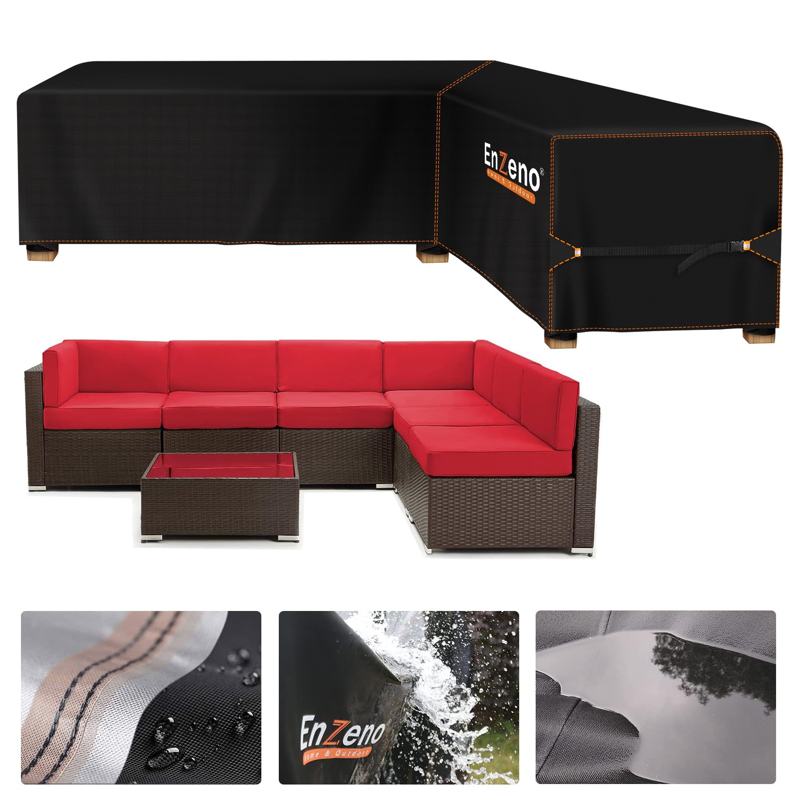 Enzeno Garden L-Shape Furniture Cover Waterproof,420D Oxford Fabric outdoor garden sofa covers, Rattan Corner Sofa Cover with Waterproof Tape (286x222x87cm) Left Side Long