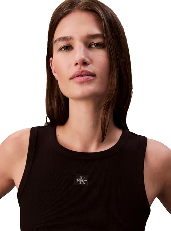 Donna Canotta Woven Label Rib con Logo, Nero (Black), S