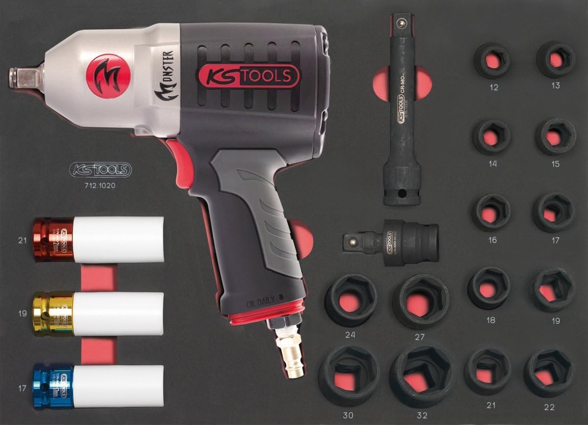 KS TOOLS, 712.1020, Monster air Impact Wrench 1/2'' with Socket Set and Accessories, High Performance Impact nutrunner