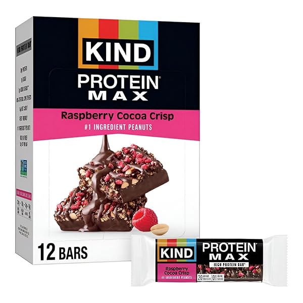 KIND PROTEIN MAX, RASPBERRY COCOA CRISP, 20G PROTEIN, 1G SUGAR, LOW SUGAR, HIGH PROTEIN SNACK BARS, 12 COUNT