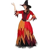 Women's Autumn Harvest Witch Costume | Adult Fall Colors Witchy Halloween Outfit, Red Dress with Pointed Hat