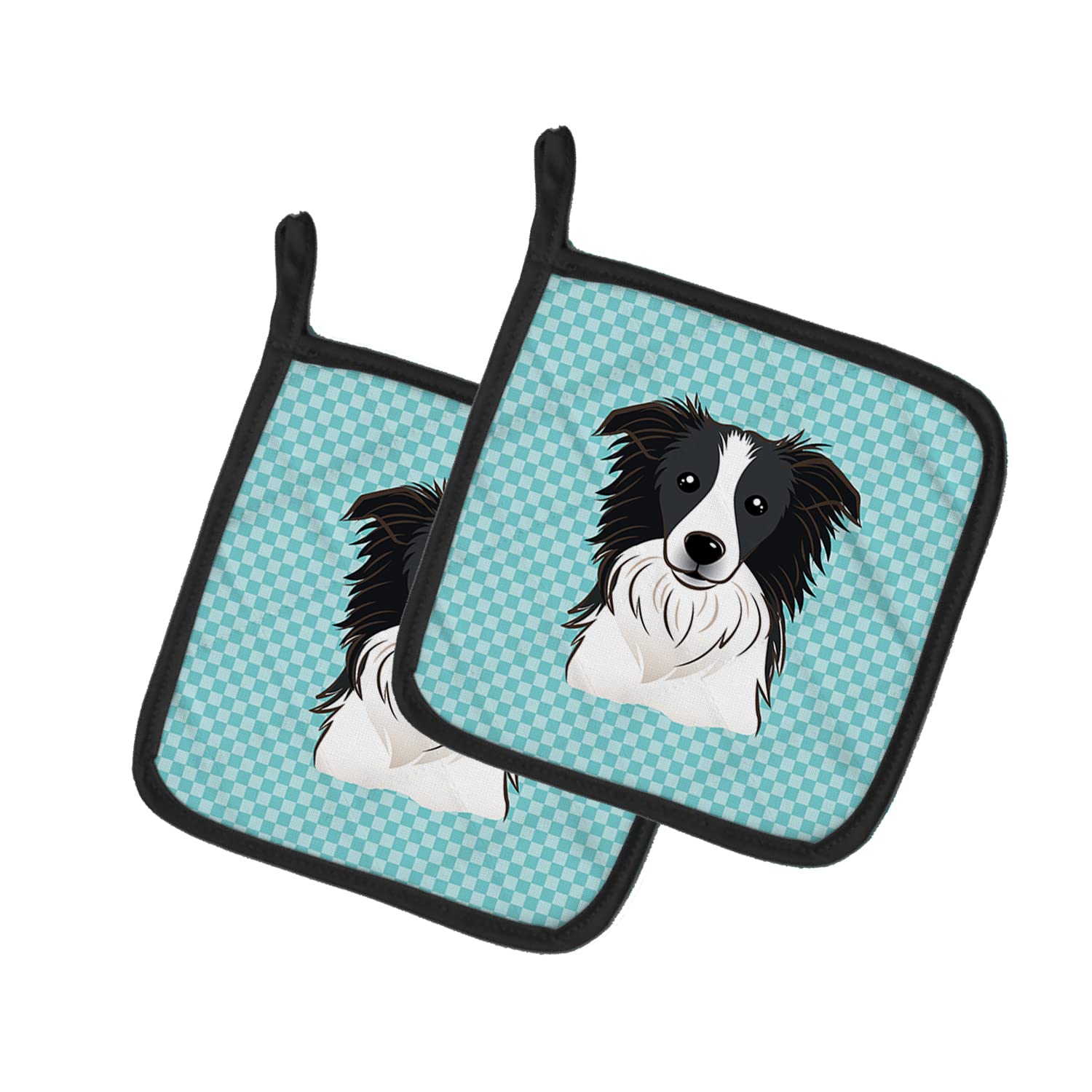 Caroline's Treasures Checkerboard Blue Border Collie Pair of Pot Holders BB1179PTHD, Fabric, Multicolor