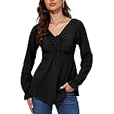 TAIPOVE Long Sleeve T Shirt Women Cute Babydoll V Neck Top Empire Waist Ruched Front Tie Peplum Tunic Dressy Casual Blouse