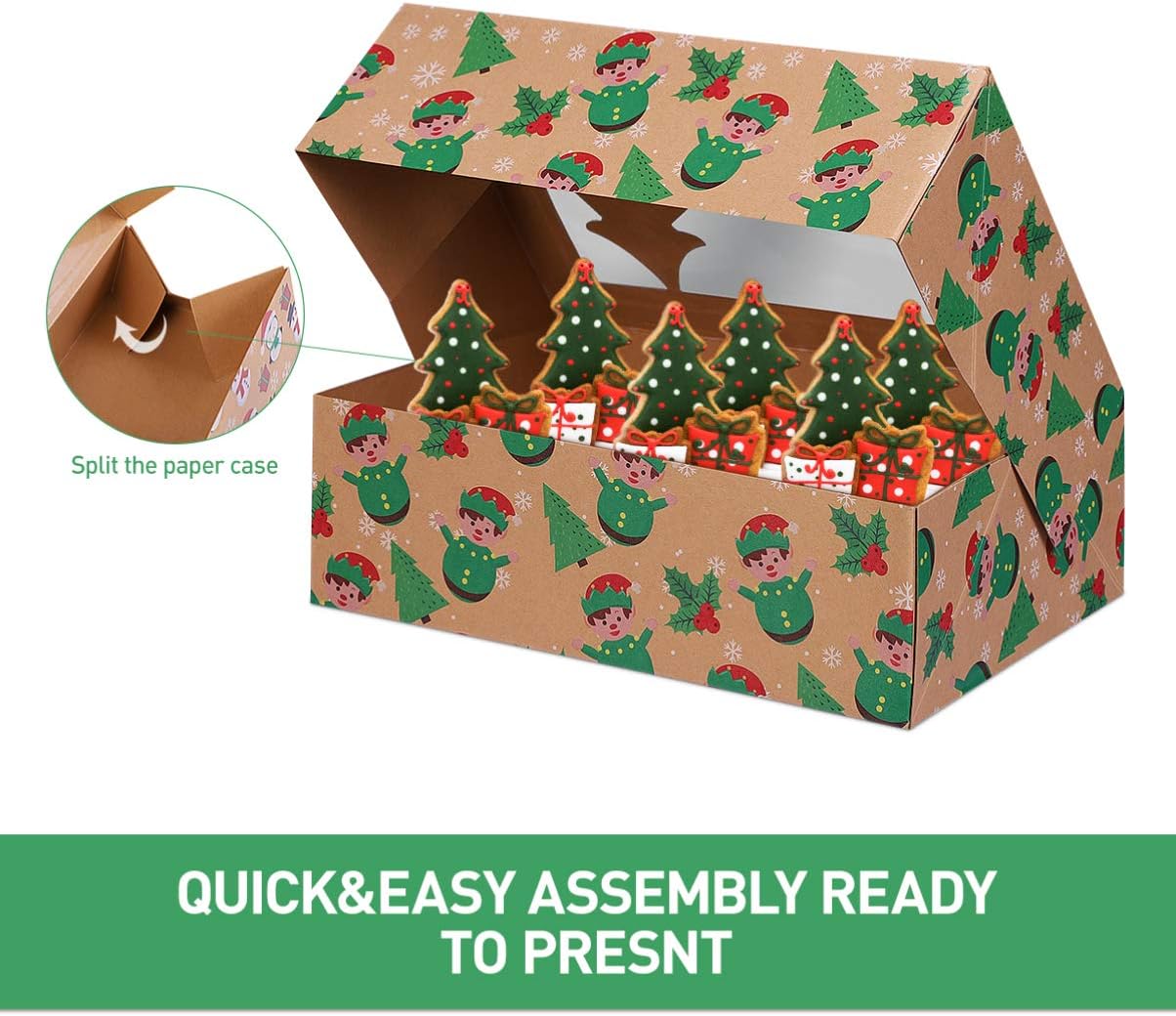 HEMOTON Christmas Cookie Boxes Doughnut Boxes Bakery Box Christmas Kraft Paper with Clear Window,Gift for Presents Green and Red Holiday Designs with Xmas Ribbons for on Holiday Party(Set of 12) - Image 5