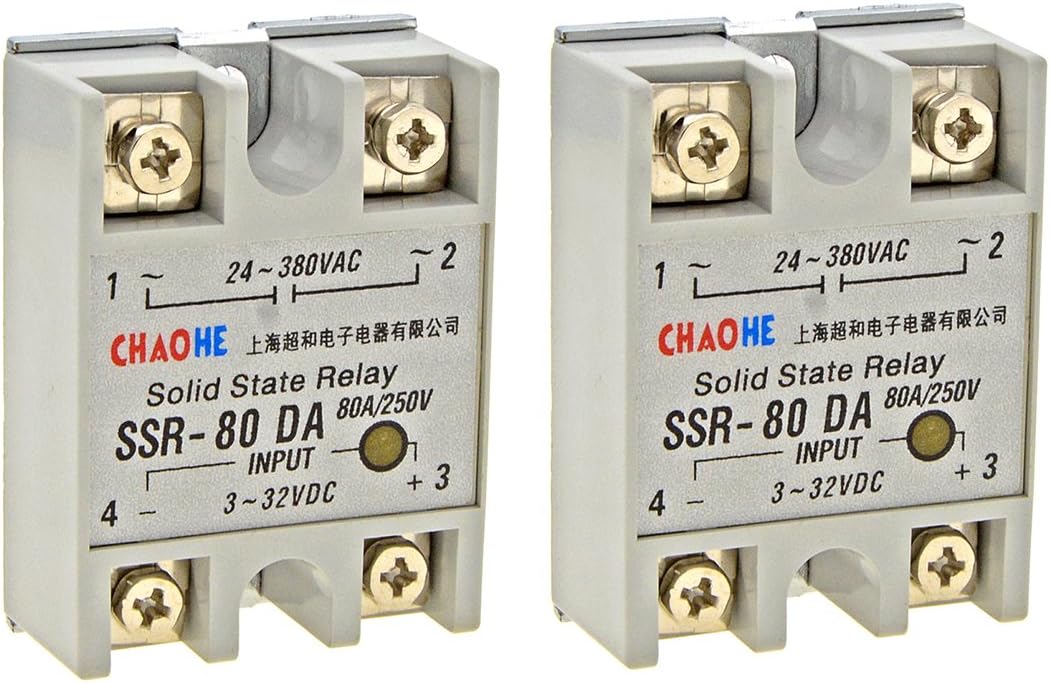 YXQ Solid State Relay SSR-80DA Single Phase Module Machinery Small AC Exchange Type Electronic Controller, Input 3-32VDC Output 24V-380VAC, 2-Piece (SSR-80DA)