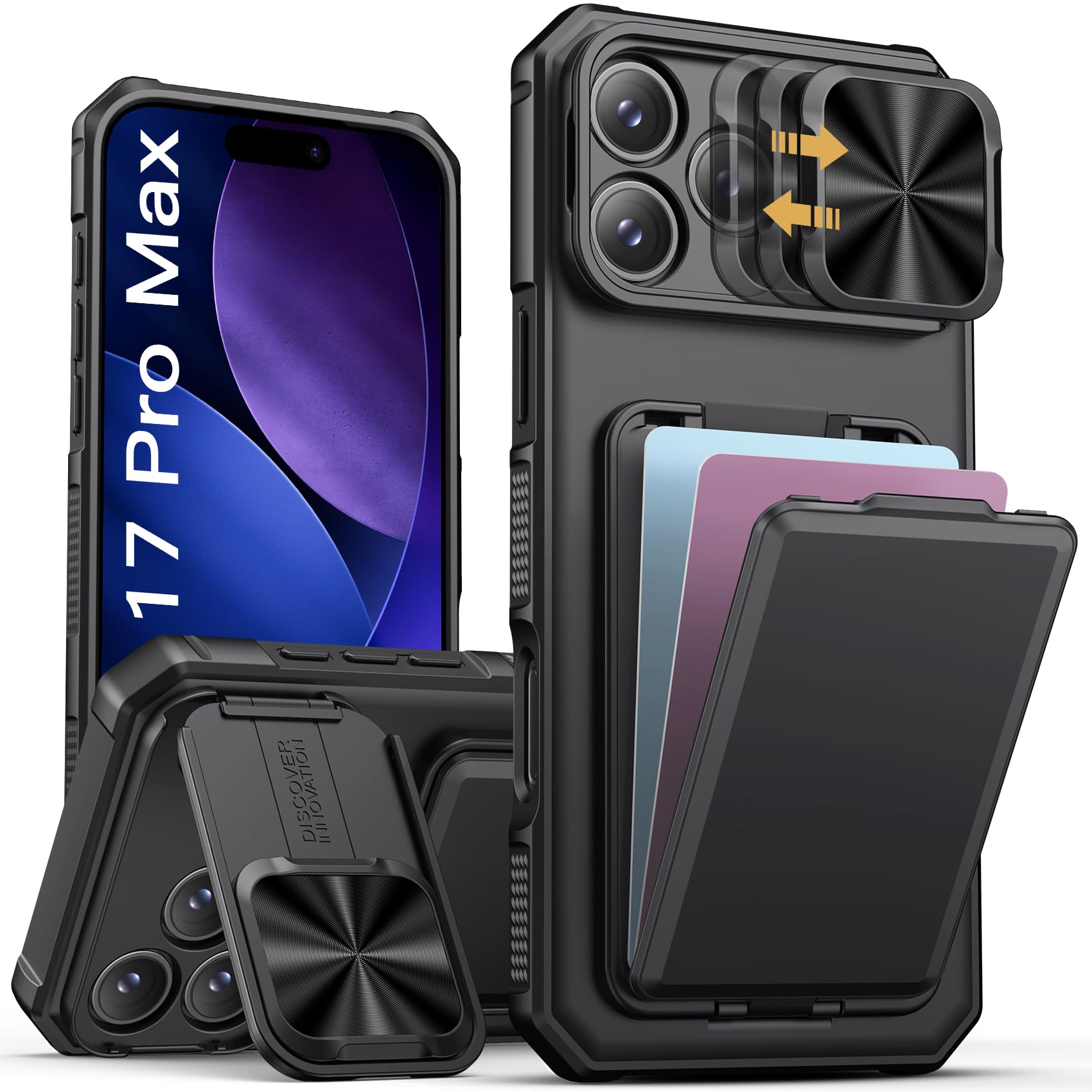 Photo 1 of SSLOTSCASE for iPhone 17 Pro Max Case with Card Holder & Kickstand & Slide Camera Lens Cover & Camera Stand & Wallet, Military-Grade Heavy Duty Phone Case Cover for iPhone 17 Pro Max 5G 2025, Black