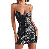 BOLLEY JOSS Women's Sequin Bodycon Mini Dress Cut Out High Waist Sexy Sparkly Dress Open Back Party Cami Dresses