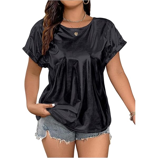Verdusa Women's Plus Size Metallic T Shirt Drop Shoulder