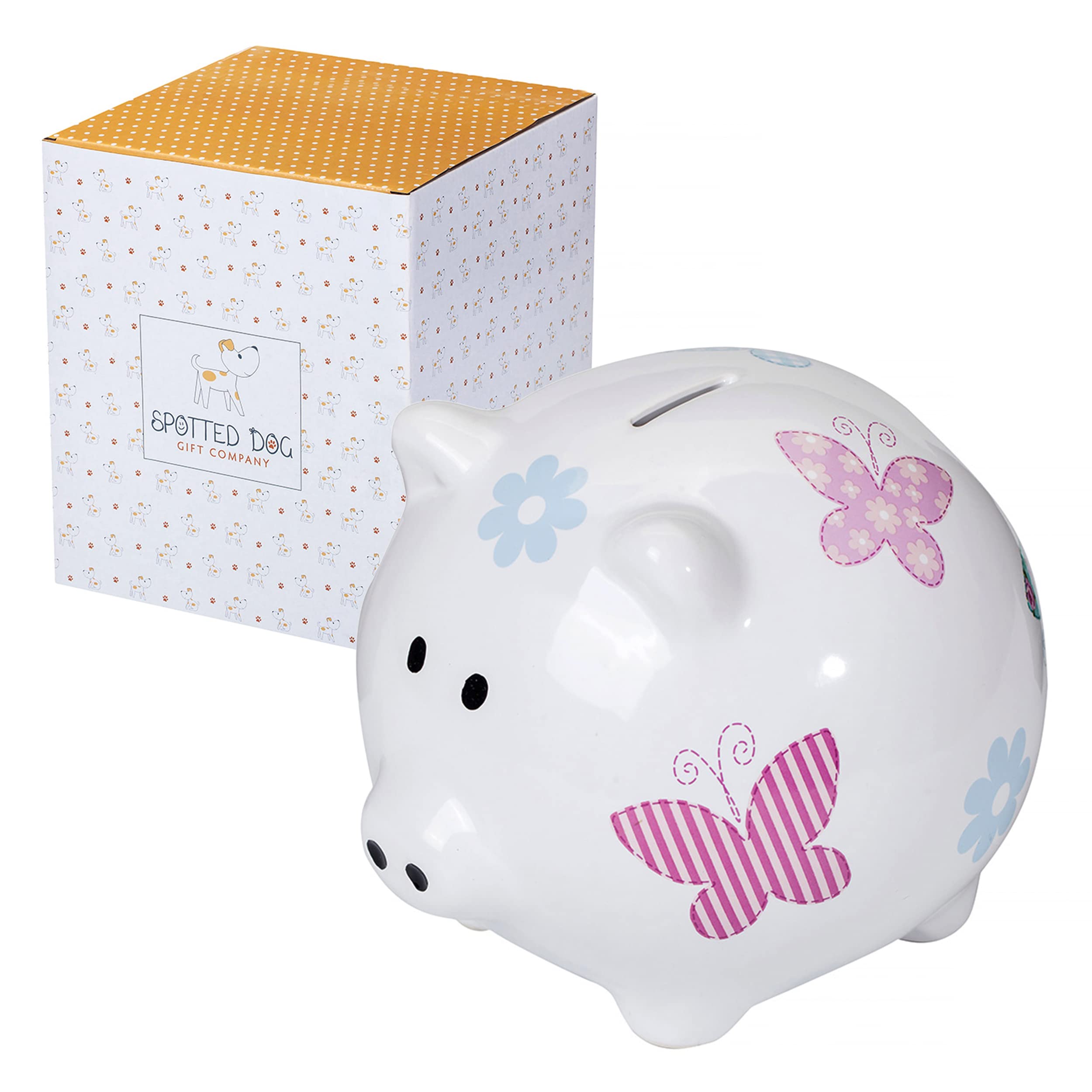 SPOTTED DOG GIFT COMPANY Piggy Bank Money Box for Kids Adults Girls, Large Ceramic Pig Saving Bank for Children, Cute Birthday New Home Gifts (Butterfly)