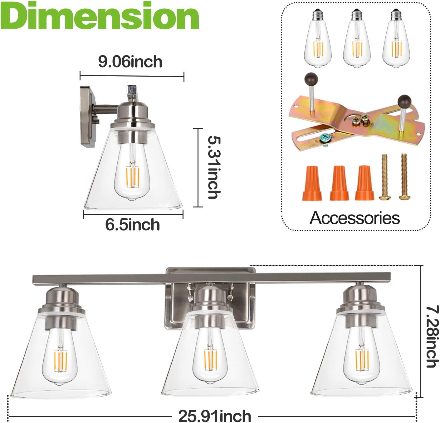 3-Light Vanity Light Fixture, 5-Piece All-in-One Bathroom Set (Led Edison Bulbs as Bonus), Brushed Nickel Wall Sconce Lighting with Glass Shads, ETL Listed - - 