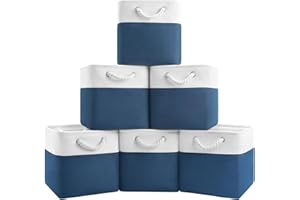Patvingot 11x11 Cube Storage Bins,6 Pack Foldable Fabric Cube Organizer Bins with Rope Handles ,Storage Cubes for Organizing Bedroom, Living Room, Clothes and Toys, Shelves and Closet (White&Blue)